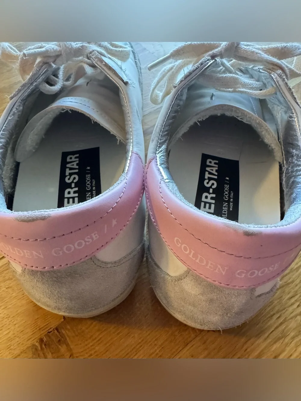 Golden Goose Super-Star White Leather Sneakers Pink and Silver Accents Sz 40 - Picture 13 of 16